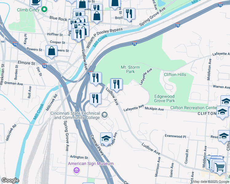 map of restaurants, bars, coffee shops, grocery stores, and more near 950 Ludlow Avenue in Cincinnati