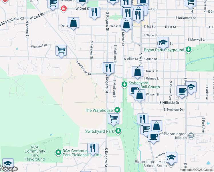 map of restaurants, bars, coffee shops, grocery stores, and more near 1308 South Rogers Street in Bloomington