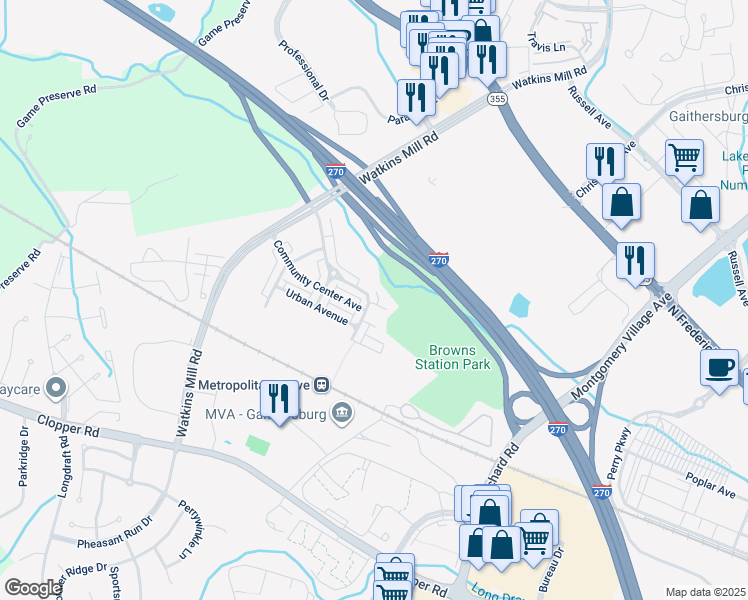 map of restaurants, bars, coffee shops, grocery stores, and more near 376 Parkview Avenue in Gaithersburg