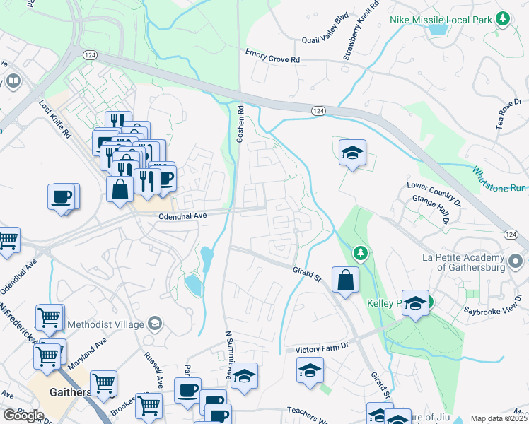 map of restaurants, bars, coffee shops, grocery stores, and more near 591 Odendhal Avenue in Gaithersburg