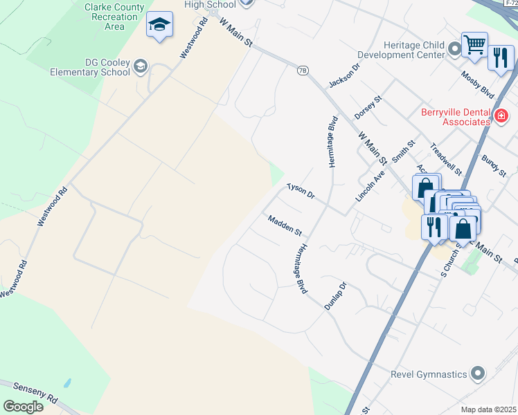 map of restaurants, bars, coffee shops, grocery stores, and more near 229 Tyson Drive in Berryville
