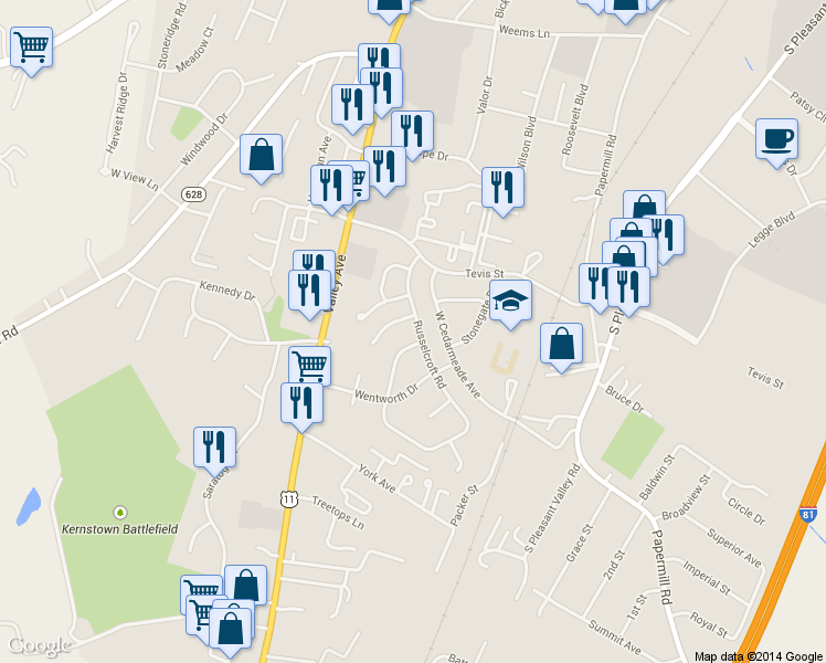 map of restaurants, bars, coffee shops, grocery stores, and more near 403 Crescent Drive in Winchester