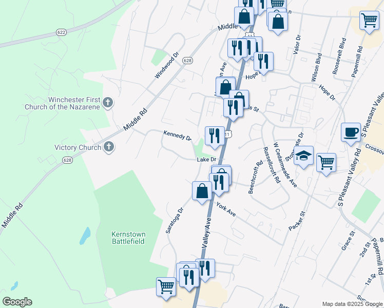 map of restaurants, bars, coffee shops, grocery stores, and more near 701 Kennedy Drive in Winchester