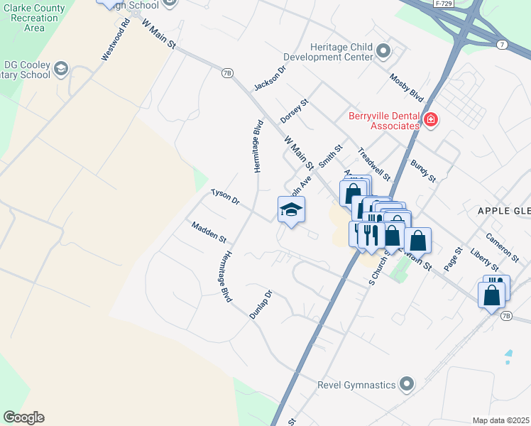 map of restaurants, bars, coffee shops, grocery stores, and more near 235 Lewis Farm Lane in Berryville