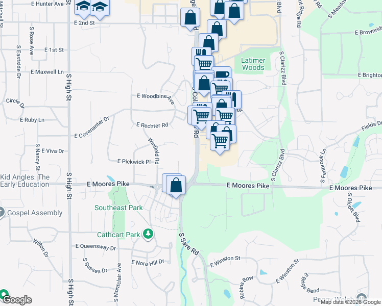 map of restaurants, bars, coffee shops, grocery stores, and more near 1255 South College Mall Road in Bloomington