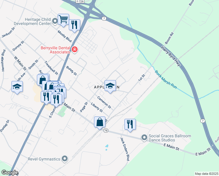 map of restaurants, bars, coffee shops, grocery stores, and more near 213 East Fairfax Street in Berryville
