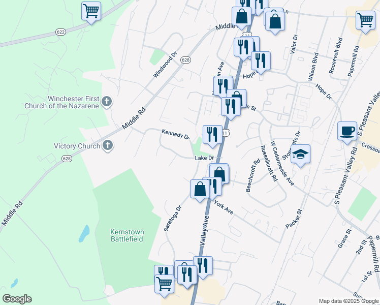 map of restaurants, bars, coffee shops, grocery stores, and more near 701 Kennedy Drive in Winchester