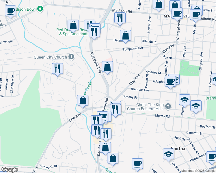 map of restaurants, bars, coffee shops, grocery stores, and more near 4325 Red Bank Road in Cincinnati