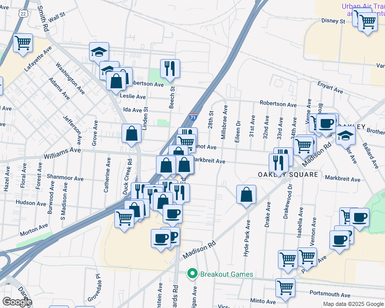 map of restaurants, bars, coffee shops, grocery stores, and more near 2724 Minot Avenue in Cincinnati