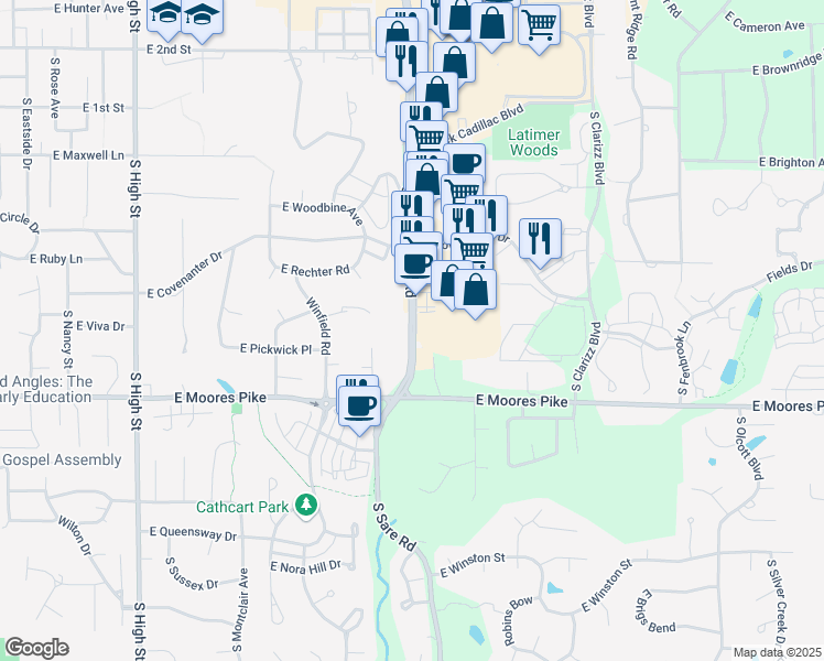 map of restaurants, bars, coffee shops, grocery stores, and more near 1255 South College Mall Road in Bloomington