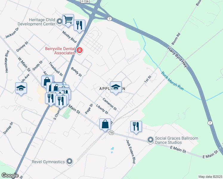 map of restaurants, bars, coffee shops, grocery stores, and more near 615 Lewis Farm Lane in Berryville