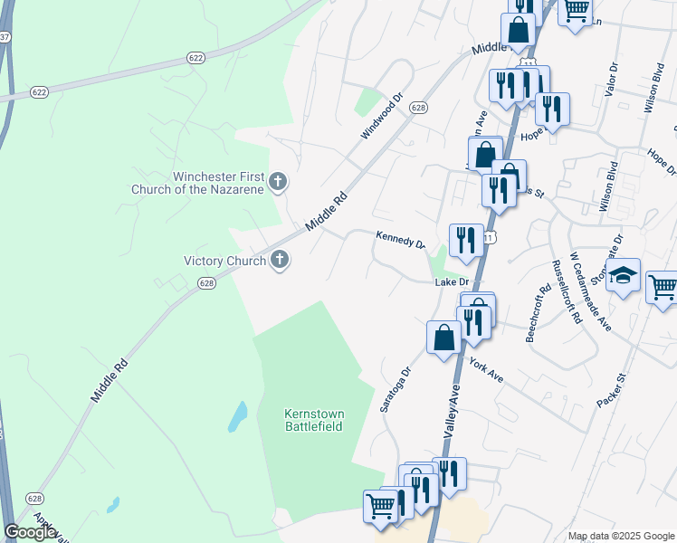 map of restaurants, bars, coffee shops, grocery stores, and more near 921 Kennedy Drive in Winchester