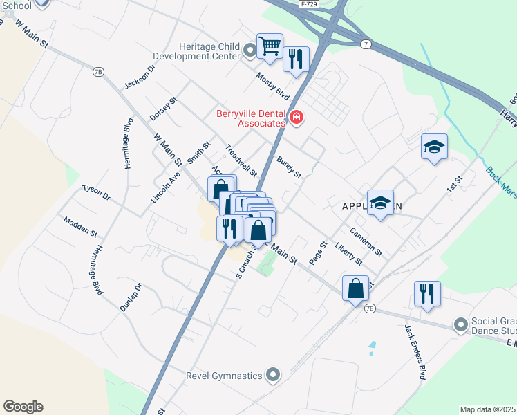 map of restaurants, bars, coffee shops, grocery stores, and more near 203 Josephine Street in Berryville