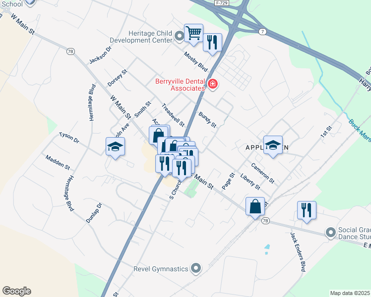 map of restaurants, bars, coffee shops, grocery stores, and more near 203 Josephine Street in Berryville