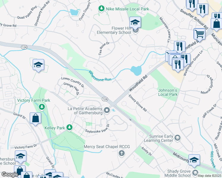 map of restaurants, bars, coffee shops, grocery stores, and more near 202 Old Macdonald Road in Gaithersburg