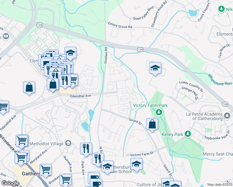 map of restaurants, bars, coffee shops, grocery stores, and more near 556 Odendhal Avenue in Gaithersburg