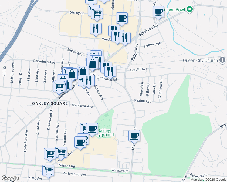 map of restaurants, bars, coffee shops, grocery stores, and more near 3310 Bach Avenue in Cincinnati