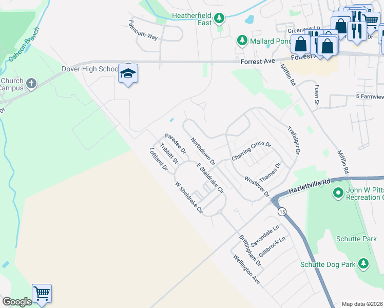 map of restaurants, bars, coffee shops, grocery stores, and more near 356 Northdown Drive in Dover