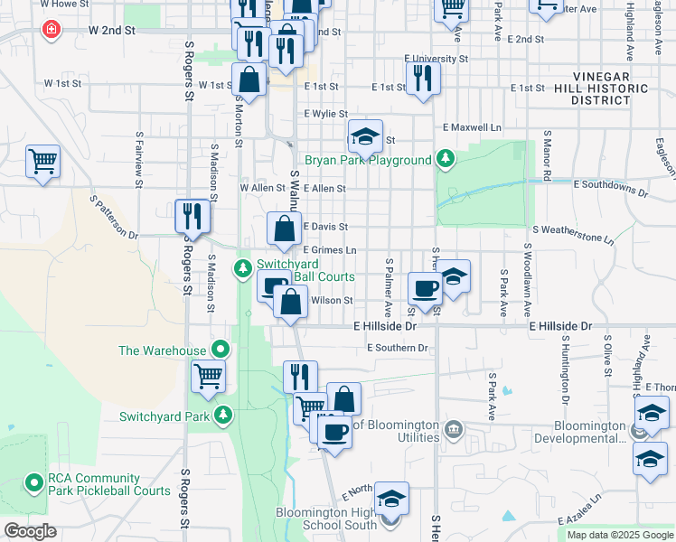 map of restaurants, bars, coffee shops, grocery stores, and more near 1214 South Lincoln Street in Bloomington