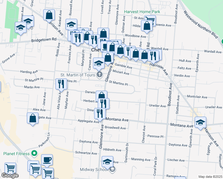 map of restaurants, bars, coffee shops, grocery stores, and more near 3622 Glenmore Avenue in Cincinnati