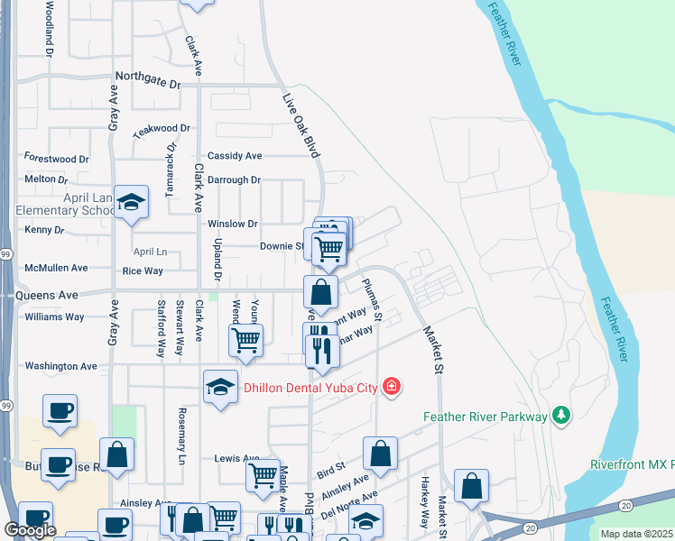 map of restaurants, bars, coffee shops, grocery stores, and more near 2117 Live Oak Boulevard in Yuba City