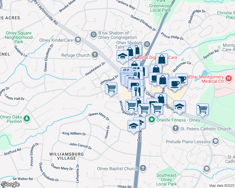 map of restaurants, bars, coffee shops, grocery stores, and more near 18012 Golden Spring Court in Olney