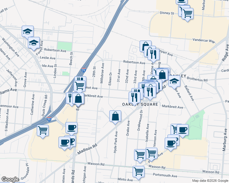 map of restaurants, bars, coffee shops, grocery stores, and more near 2832 Minot Avenue in Cincinnati