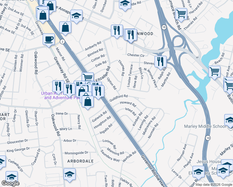 map of restaurants, bars, coffee shops, grocery stores, and more near 1027 Upton Road in Glen Burnie