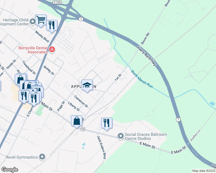 map of restaurants, bars, coffee shops, grocery stores, and more near 309 1st Street in Berryville