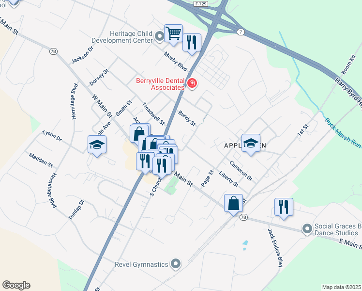 map of restaurants, bars, coffee shops, grocery stores, and more near 6 Lloyds Lane in Berryville