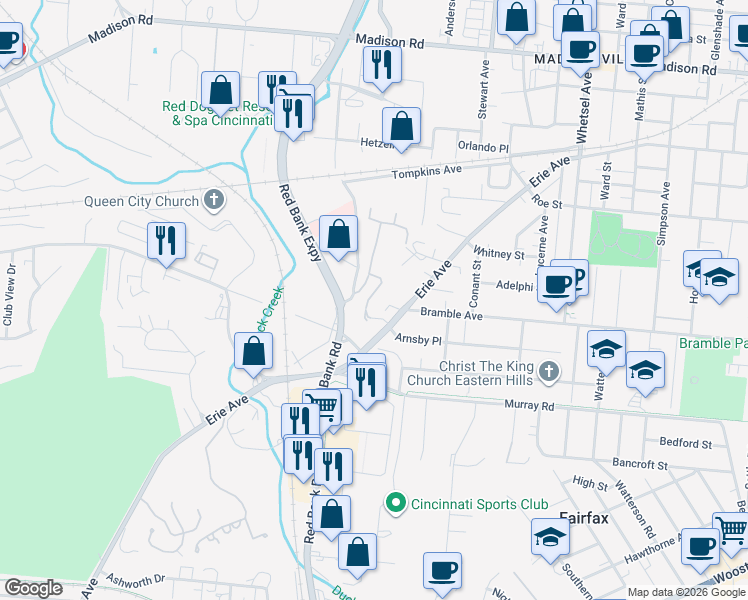 map of restaurants, bars, coffee shops, grocery stores, and more near 5470 Erie Station Lane in Cincinnati