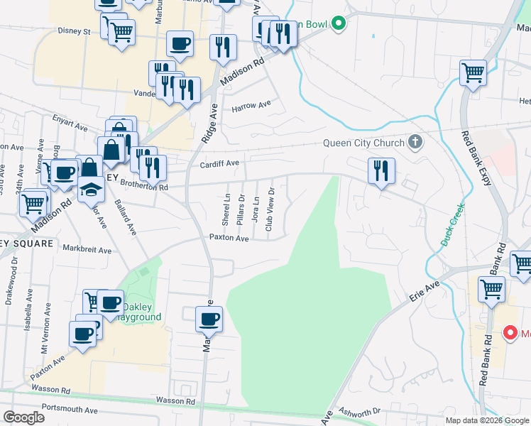 map of restaurants, bars, coffee shops, grocery stores, and more near 4146 Jora Lane in Cincinnati