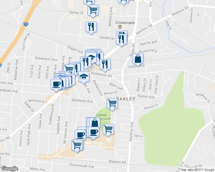 map of restaurants, bars, coffee shops, grocery stores, and more near 3310 Bach Avenue in Cincinnati