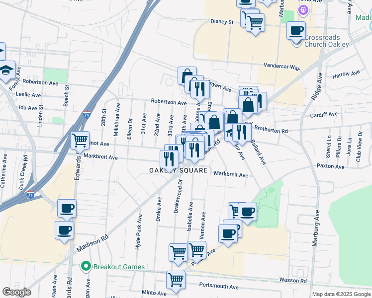 map of restaurants, bars, coffee shops, grocery stores, and more near 4115 34th Avenue in Cincinnati
