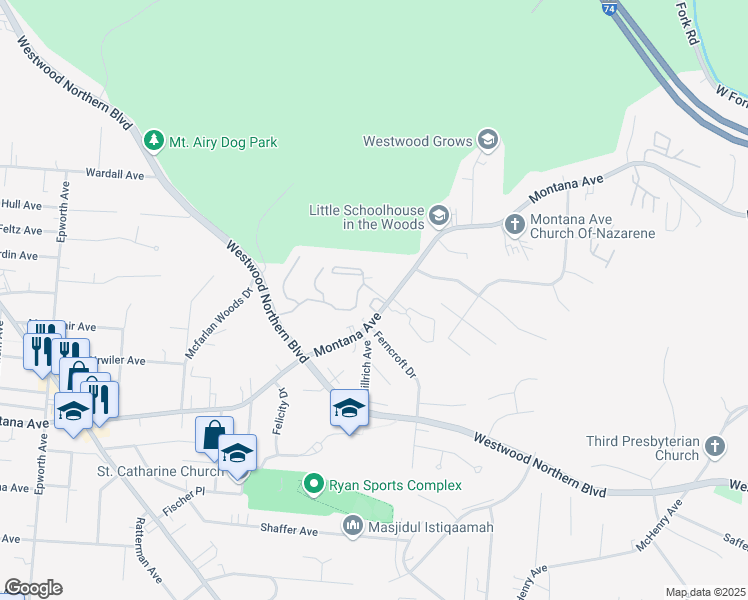 map of restaurants, bars, coffee shops, grocery stores, and more near 1111 Vienna Woods Drive in Cincinnati
