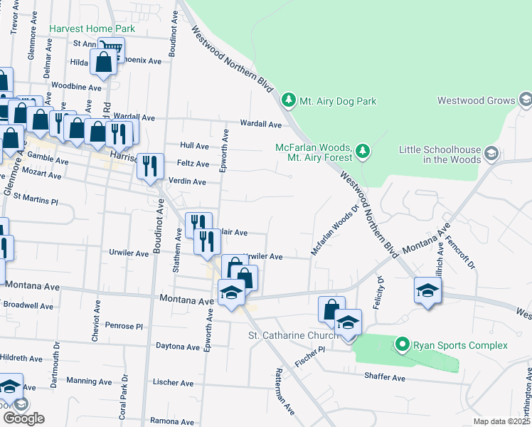 map of restaurants, bars, coffee shops, grocery stores, and more near 2907 Temple Avenue in Cincinnati
