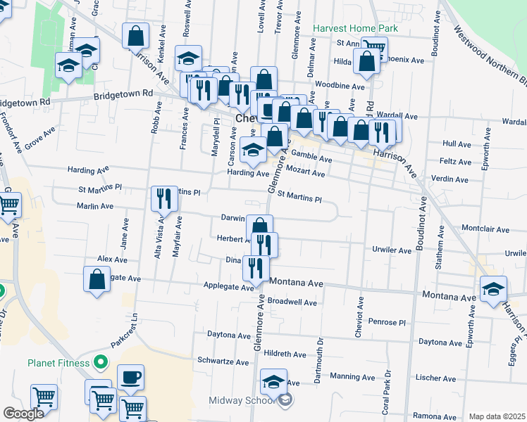 map of restaurants, bars, coffee shops, grocery stores, and more near 3622 Glenmore Avenue in Cincinnati