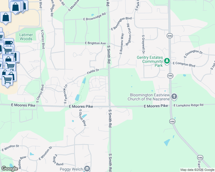 map of restaurants, bars, coffee shops, grocery stores, and more near 1305 South Stella Drive in Bloomington