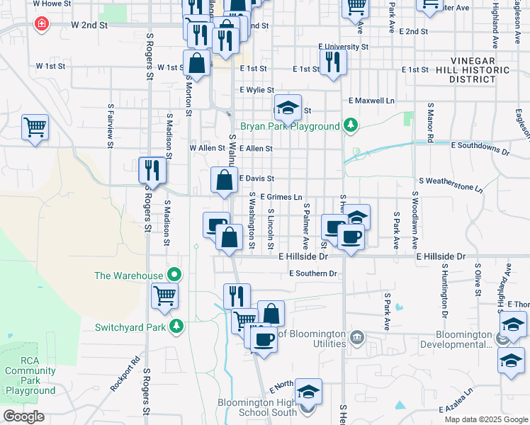 map of restaurants, bars, coffee shops, grocery stores, and more near 1215 South Washington Street in Bloomington
