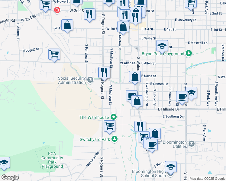 map of restaurants, bars, coffee shops, grocery stores, and more near 1206 South Madison Street in Bloomington