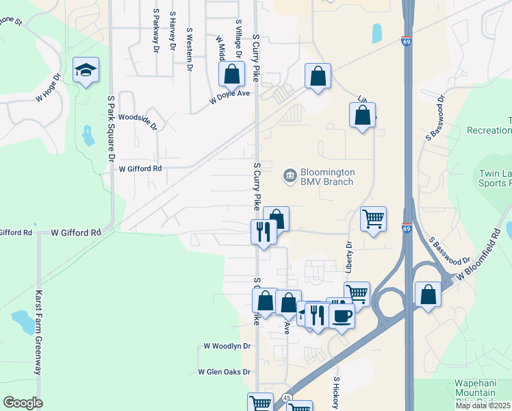 map of restaurants, bars, coffee shops, grocery stores, and more near 1530 South Curry Pike in Bloomington