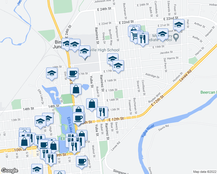 map of restaurants, bars, coffee shops, grocery stores, and more near 1530 Blue Street in Marysville