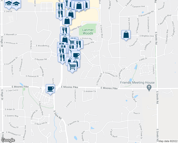 map of restaurants, bars, coffee shops, grocery stores, and more near 1150 South Clarizz Boulevard in Bloomington