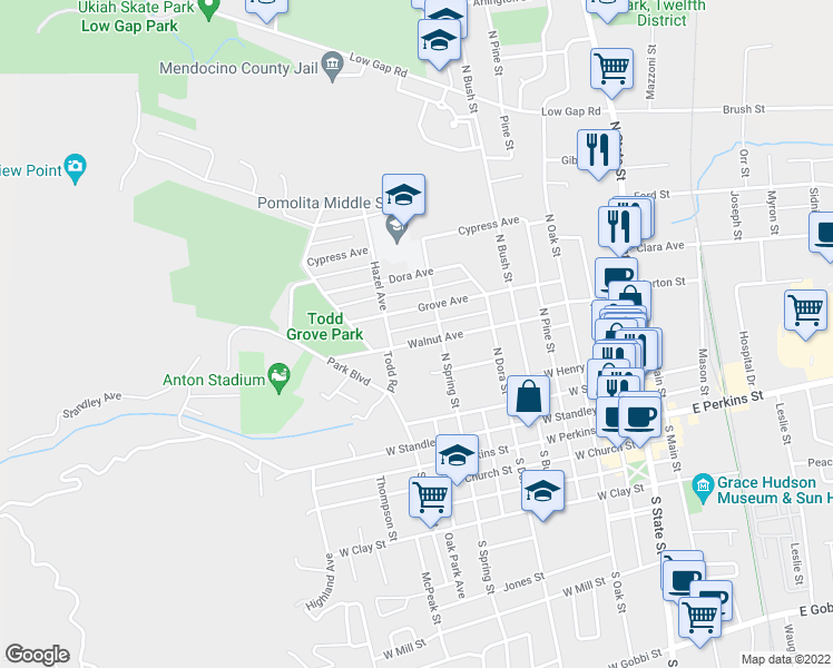 map of restaurants, bars, coffee shops, grocery stores, and more near 718 Walnut Avenue in Ukiah