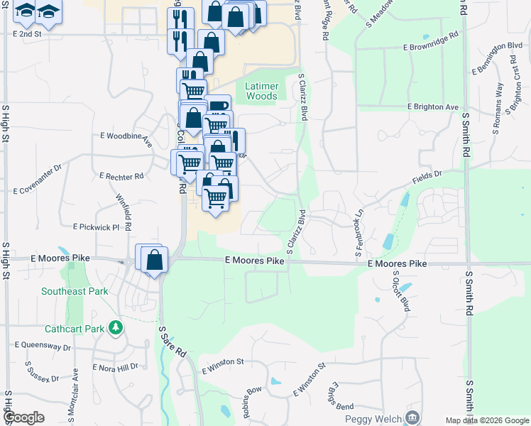 map of restaurants, bars, coffee shops, grocery stores, and more near 3135 East Covenanter Drive in Bloomington