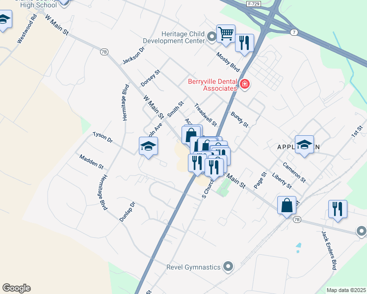 map of restaurants, bars, coffee shops, grocery stores, and more near 125 West Main Street in Berryville