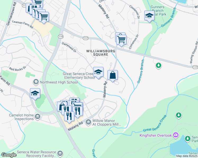 map of restaurants, bars, coffee shops, grocery stores, and more near 13010 Dairymaid Drive in Germantown