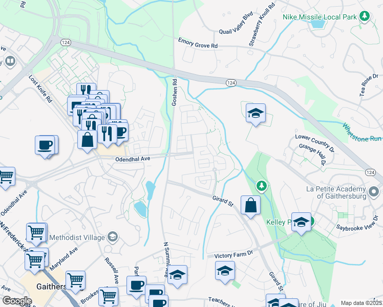 map of restaurants, bars, coffee shops, grocery stores, and more near 591 Odendhal Avenue in Gaithersburg