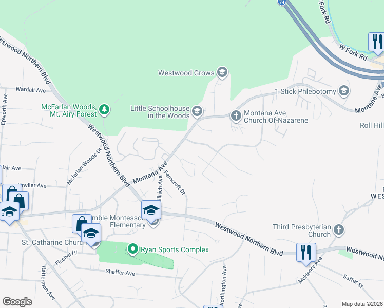 map of restaurants, bars, coffee shops, grocery stores, and more near 3445 Anaconda Drive in Cincinnati