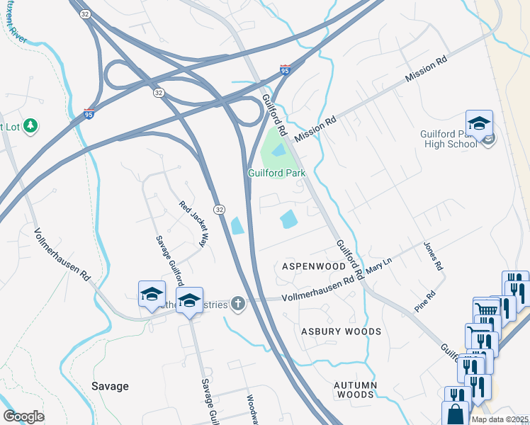 map of restaurants, bars, coffee shops, grocery stores, and more near 9978 Guilford Road in Jessup